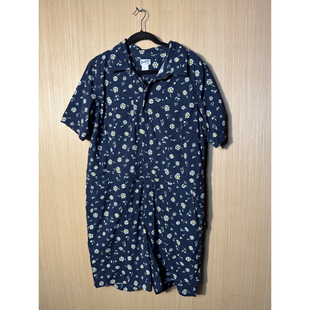 Duluth Trading Co Womens Large Navy Daisy Floral Utility Romper Short Jumpsuit